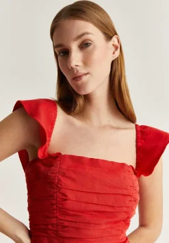 Vestido Lino Midi Drapeado Pecho-Scalpers Clearance