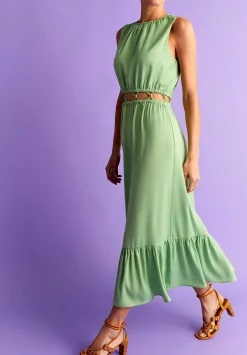 Vestido Midi Satinado Abertura Cintura-Scalpers Clearance